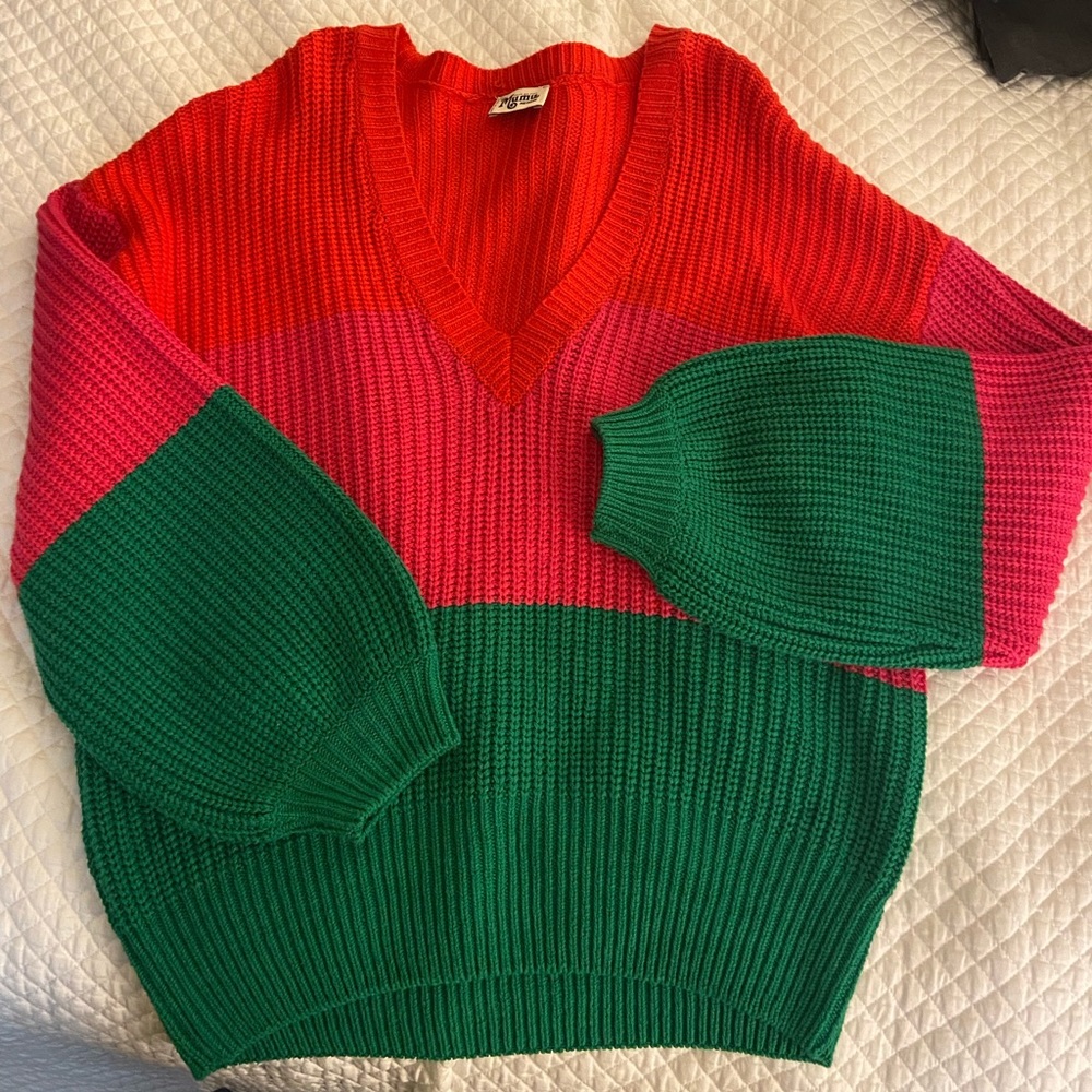 Never worn Mumu color block knit v neck sweater- green, red, pink- so cute!!!